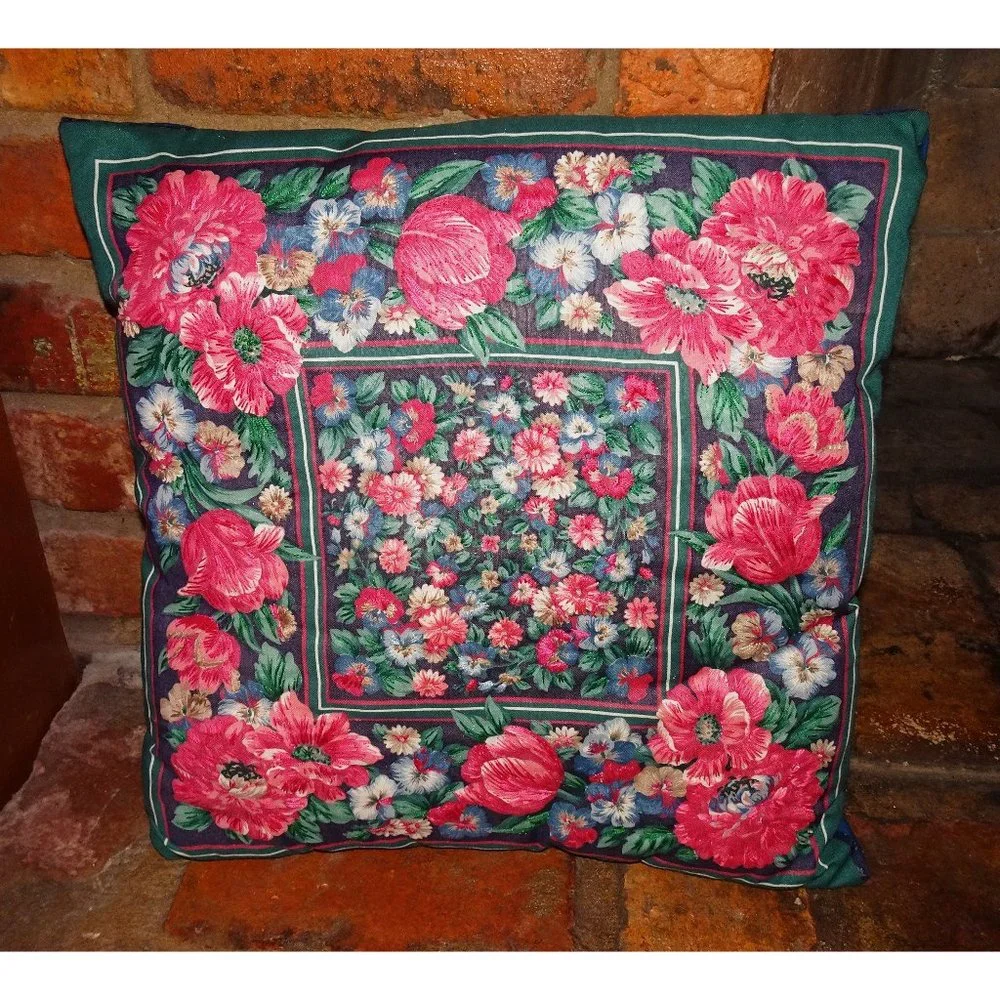 Vintage Pink & Blue Floral Throw Pillow retro country farmhouse decor cottage